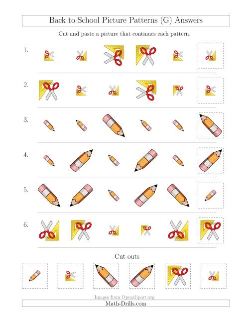 The Back to School Picture Patterns with Size and Rotation Attributes (G) Math Worksheet Page 2