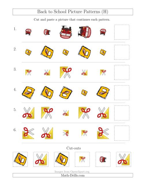 The Back to School Picture Patterns with Size and Rotation Attributes (H) Math Worksheet