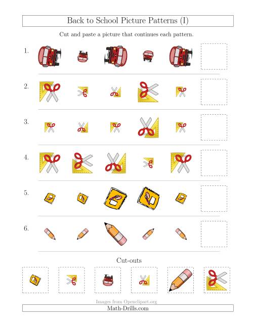 The Back to School Picture Patterns with Size and Rotation Attributes (I) Math Worksheet