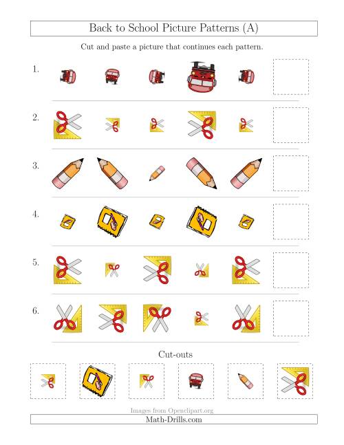 The Back to School Picture Patterns with Size and Rotation Attributes (All) Math Worksheet
