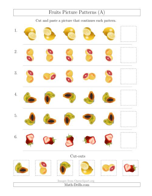 The Fruits Picture Patterns with Rotation Attribute Only (All) Math Worksheet