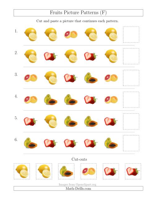 The Fruits Picture Patterns with Shape Attribute Only (F) Math Worksheet
