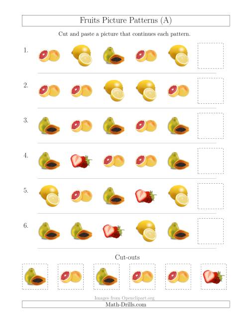 The Fruits Picture Patterns with Shape Attribute Only (All) Math Worksheet