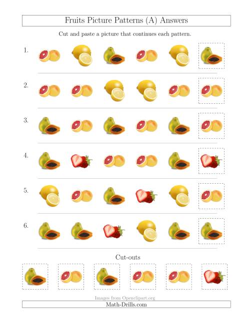 The Fruits Picture Patterns with Shape Attribute Only (All) Math Worksheet Page 2