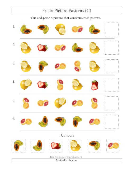 The Fruits Picture Patterns with Shape and Rotation Attributes (C) Math Worksheet