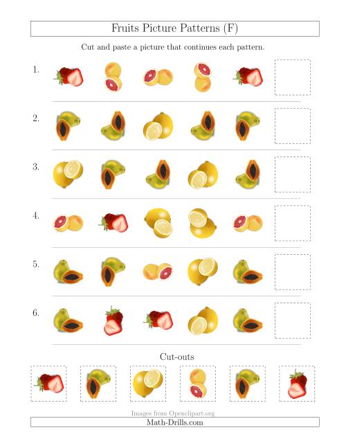 The Fruits Picture Patterns with Shape and Rotation Attributes (F) Math Worksheet