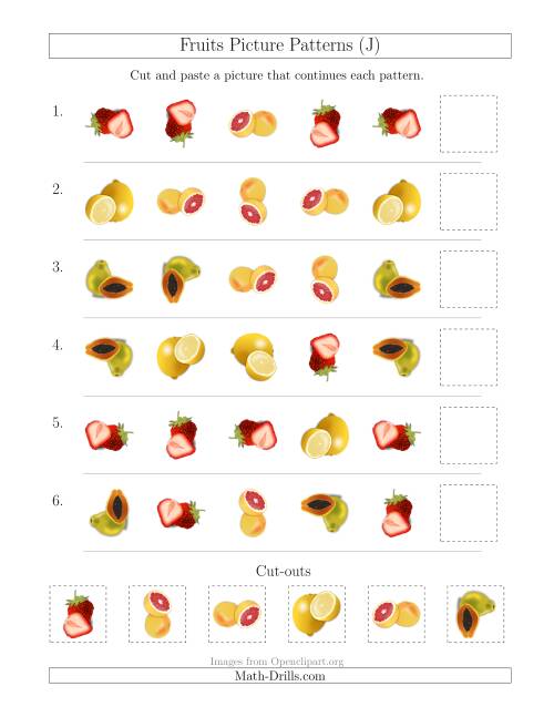 The Fruits Picture Patterns with Shape and Rotation Attributes (J) Math Worksheet