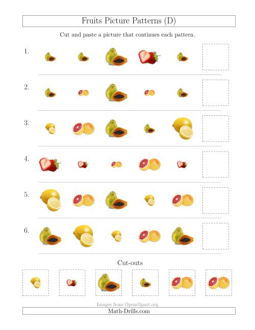 The Fruits Picture Patterns with Shape and Size Attributes (D) Math Worksheet