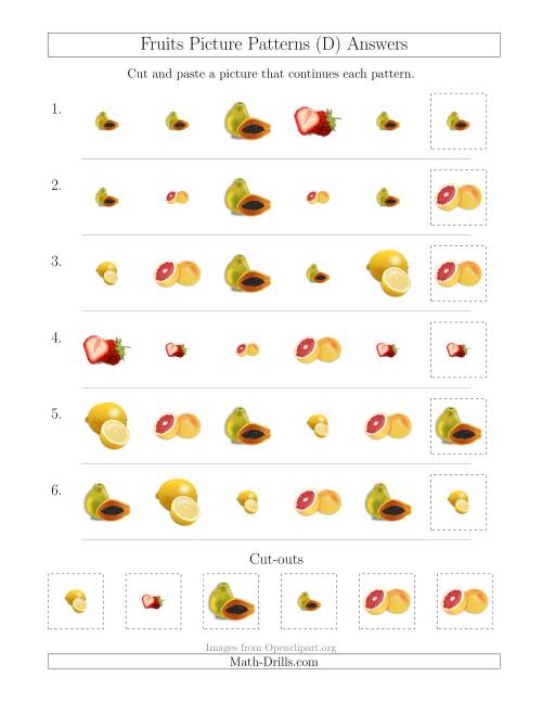 The Fruits Picture Patterns with Shape and Size Attributes (D) Math Worksheet Page 2