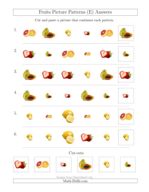 The Fruits Picture Patterns with Shape and Size Attributes (E) Math Worksheet Page 2