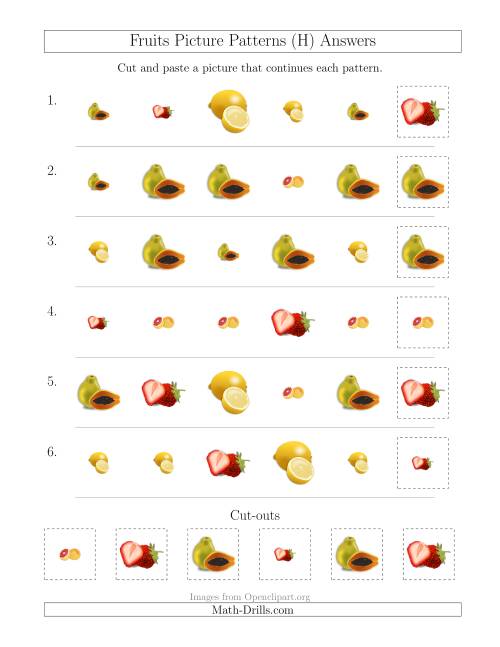 The Fruits Picture Patterns with Shape and Size Attributes (H) Math Worksheet Page 2