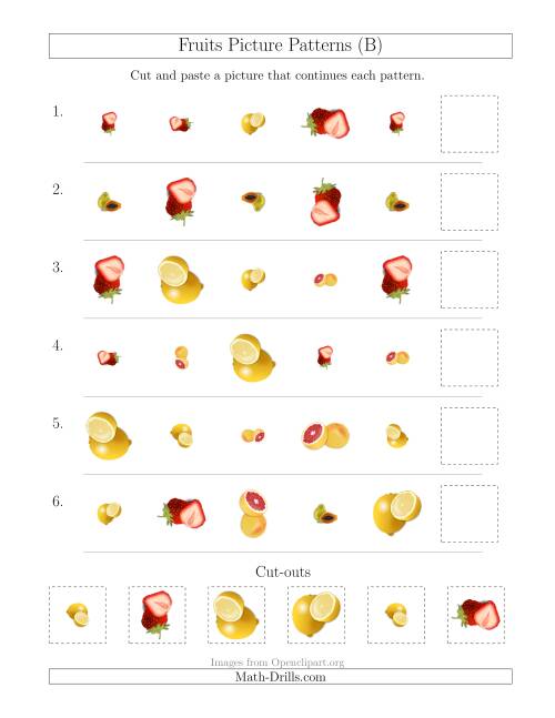 The Fruits Picture Patterns with Shape, Size and Rotation Attributes (B) Math Worksheet
