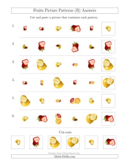 The Fruits Picture Patterns with Shape, Size and Rotation Attributes (B) Math Worksheet Page 2