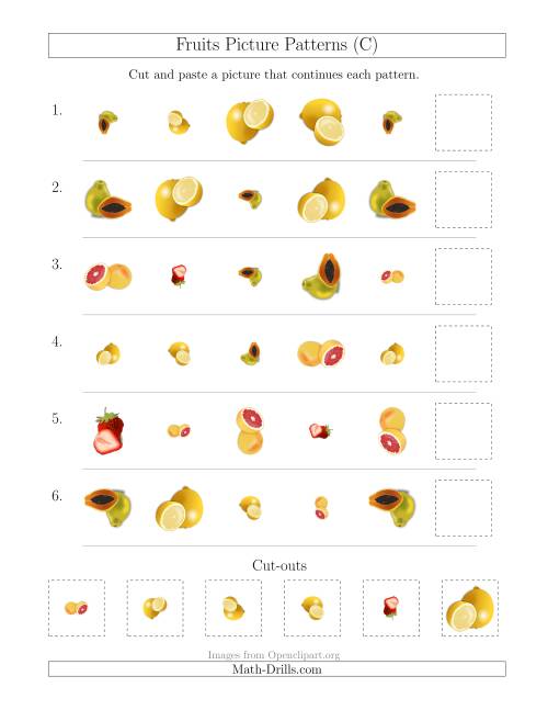 The Fruits Picture Patterns with Shape, Size and Rotation Attributes (C) Math Worksheet