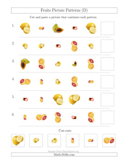 The Fruits Picture Patterns with Shape, Size and Rotation Attributes (D) Math Worksheet