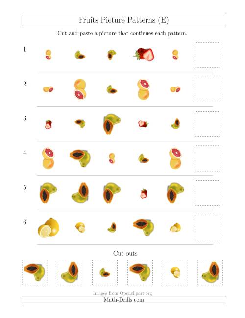 The Fruits Picture Patterns with Shape, Size and Rotation Attributes (E) Math Worksheet