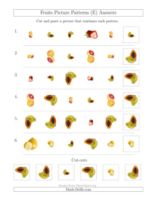 The Fruits Picture Patterns with Shape, Size and Rotation Attributes (E) Math Worksheet Page 2