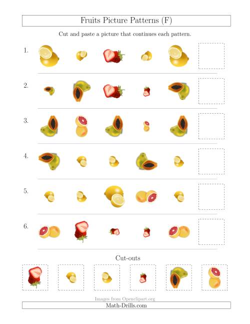 The Fruits Picture Patterns with Shape, Size and Rotation Attributes (F) Math Worksheet