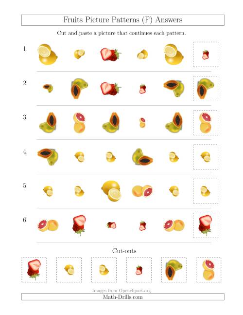 The Fruits Picture Patterns with Shape, Size and Rotation Attributes (F) Math Worksheet Page 2