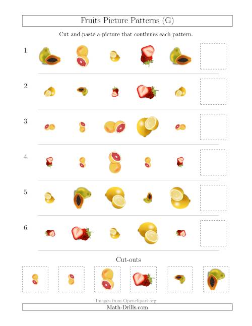 The Fruits Picture Patterns with Shape, Size and Rotation Attributes (G) Math Worksheet