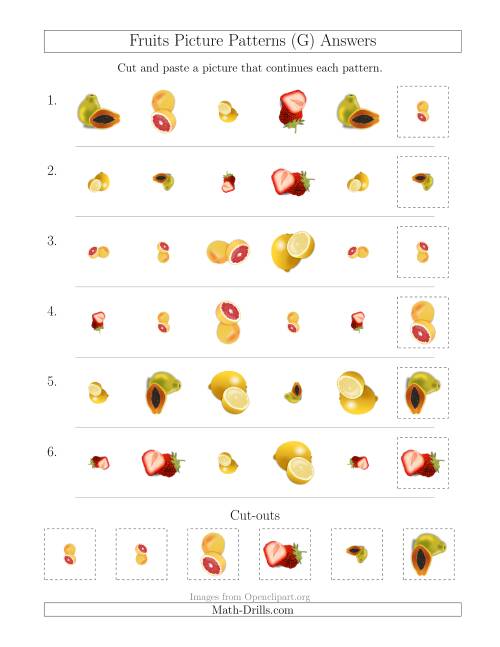 The Fruits Picture Patterns with Shape, Size and Rotation Attributes (G) Math Worksheet Page 2