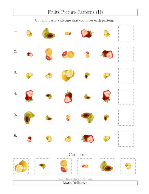 The Fruits Picture Patterns with Shape, Size and Rotation Attributes (H) Math Worksheet