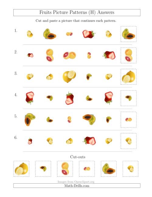 The Fruits Picture Patterns with Shape, Size and Rotation Attributes (H) Math Worksheet Page 2