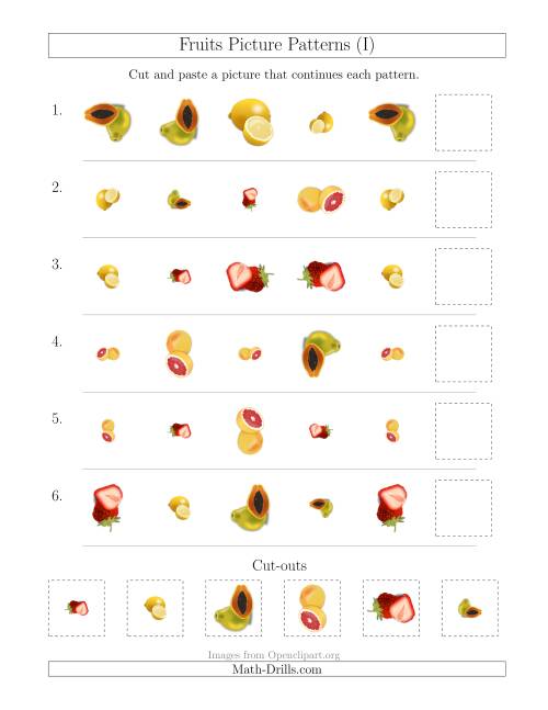 The Fruits Picture Patterns with Shape, Size and Rotation Attributes (I) Math Worksheet