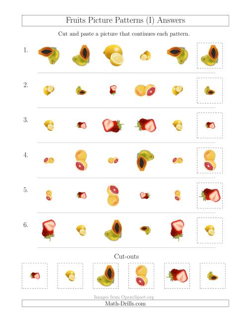 The Fruits Picture Patterns with Shape, Size and Rotation Attributes (I) Math Worksheet Page 2