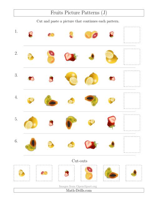 The Fruits Picture Patterns with Shape, Size and Rotation Attributes (J) Math Worksheet