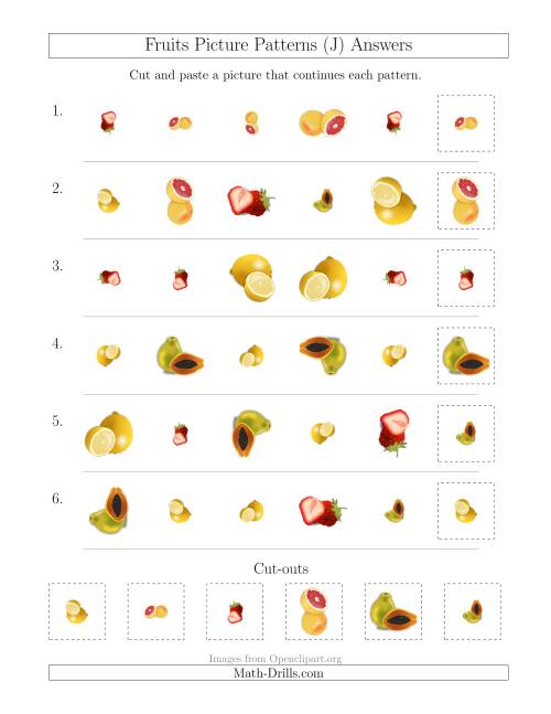 The Fruits Picture Patterns with Shape, Size and Rotation Attributes (J) Math Worksheet Page 2