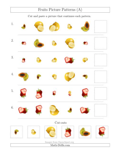 The Fruits Picture Patterns with Shape, Size and Rotation Attributes (All) Math Worksheet