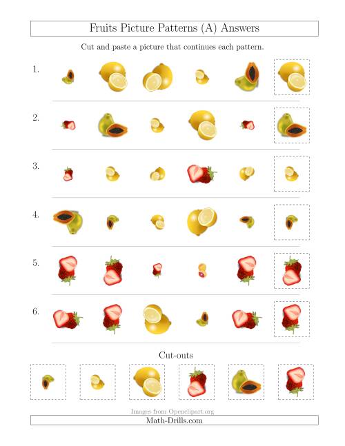 The Fruits Picture Patterns with Shape, Size and Rotation Attributes (All) Math Worksheet Page 2