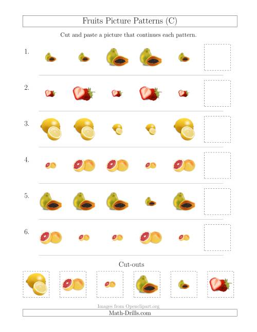 The Fruits Picture Patterns with Size Attribute Only (C) Math Worksheet