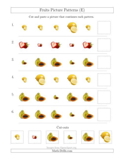 The Fruits Picture Patterns with Size Attribute Only (E) Math Worksheet
