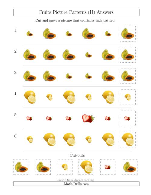 The Fruits Picture Patterns with Size Attribute Only (H) Math Worksheet Page 2