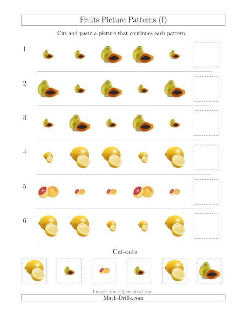 The Fruits Picture Patterns with Size Attribute Only (I) Math Worksheet