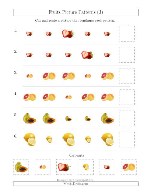 The Fruits Picture Patterns with Size Attribute Only (J) Math Worksheet