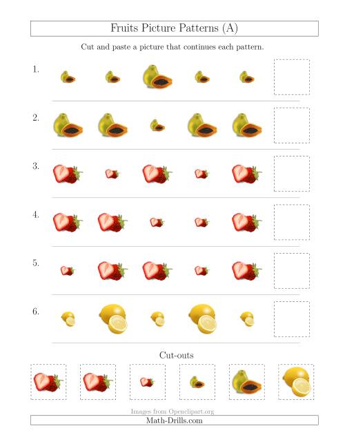 The Fruits Picture Patterns with Size Attribute Only (All) Math Worksheet