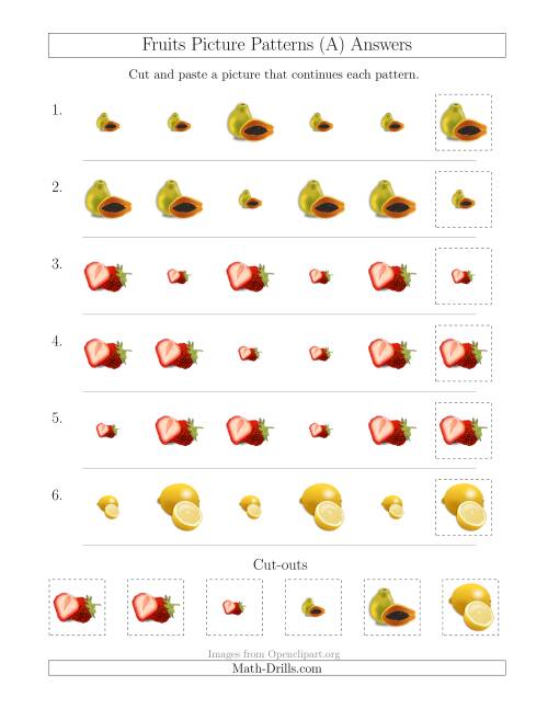 The Fruits Picture Patterns with Size Attribute Only (All) Math Worksheet Page 2