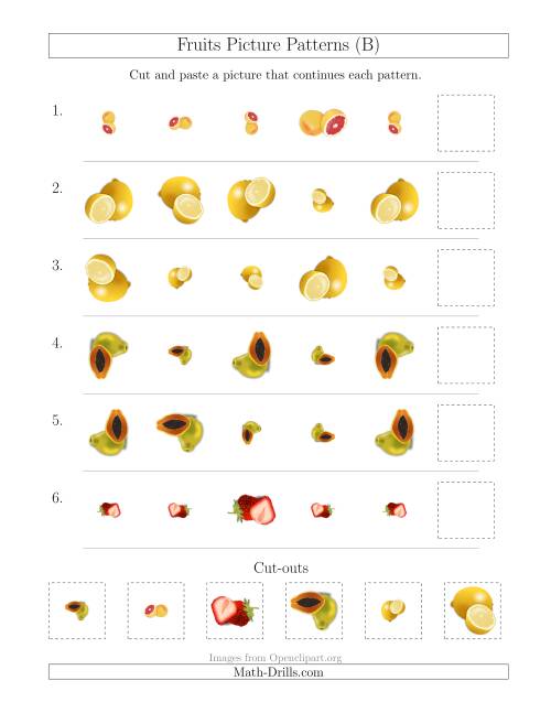 The Fruits Picture Patterns with Size and Rotation Attributes (B) Math Worksheet