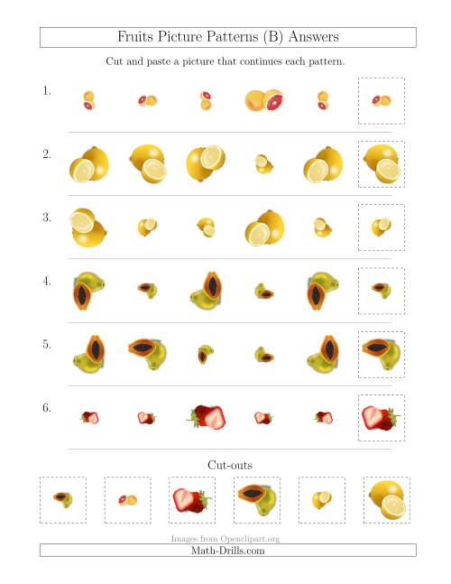 The Fruits Picture Patterns with Size and Rotation Attributes (B) Math Worksheet Page 2