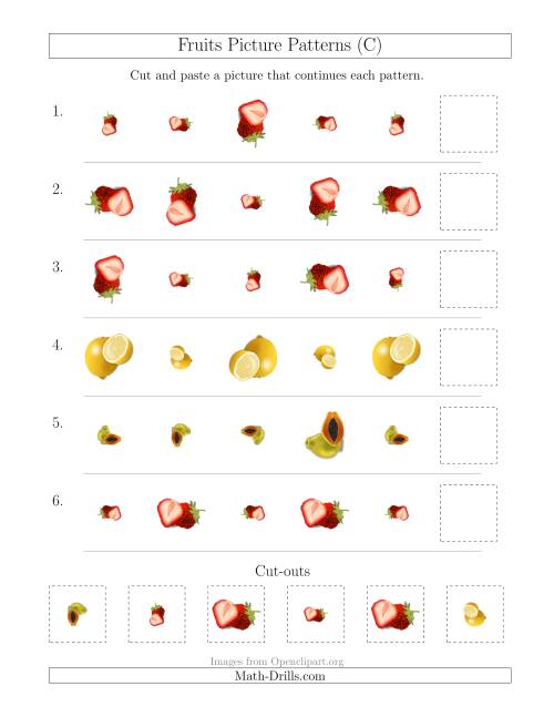 The Fruits Picture Patterns with Size and Rotation Attributes (C) Math Worksheet