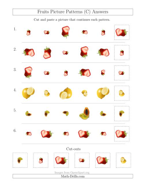 The Fruits Picture Patterns with Size and Rotation Attributes (C) Math Worksheet Page 2