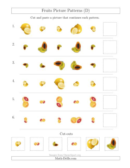 The Fruits Picture Patterns with Size and Rotation Attributes (D) Math Worksheet