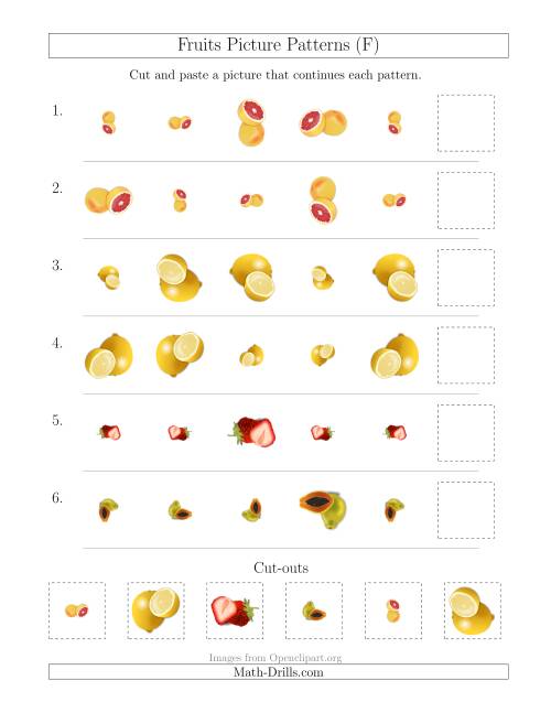 The Fruits Picture Patterns with Size and Rotation Attributes (F) Math Worksheet