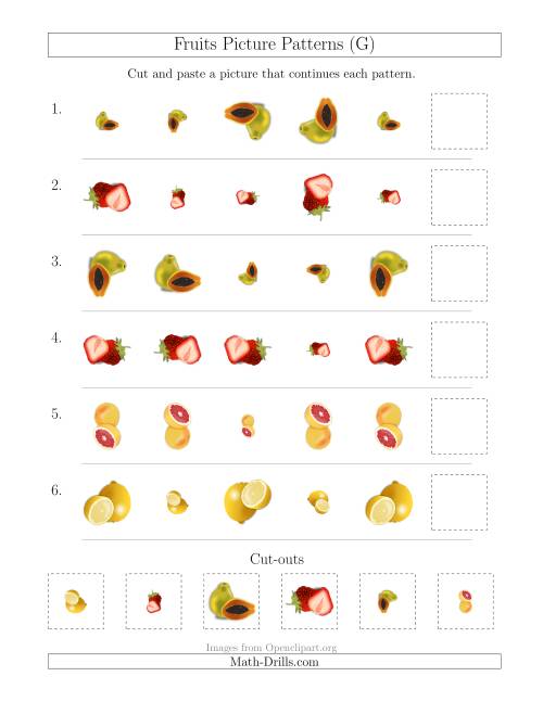 The Fruits Picture Patterns with Size and Rotation Attributes (G) Math Worksheet