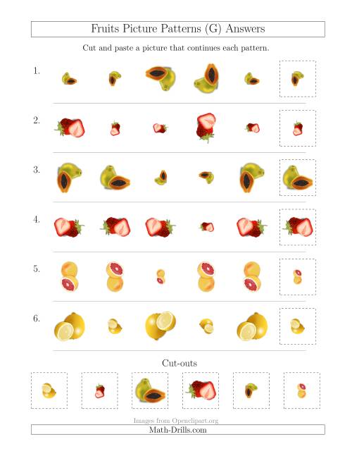 The Fruits Picture Patterns with Size and Rotation Attributes (G) Math Worksheet Page 2