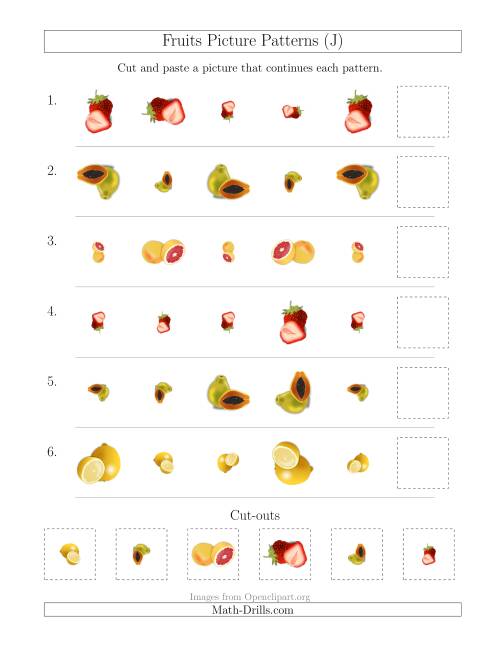 The Fruits Picture Patterns with Size and Rotation Attributes (J) Math Worksheet