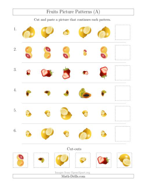 The Fruits Picture Patterns with Size and Rotation Attributes (All) Math Worksheet